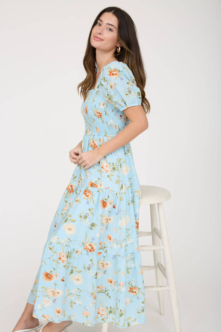 Vintage floral smocked midi dress – side view