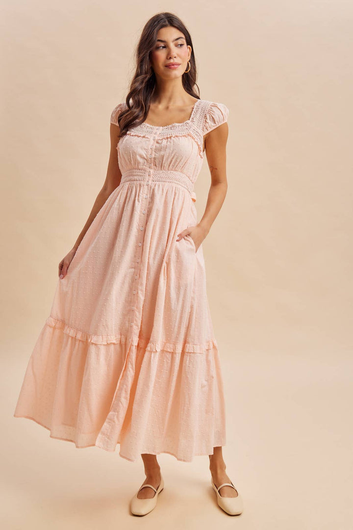 Cotton Swiss Dot Button Down Maxi Dress in Pink