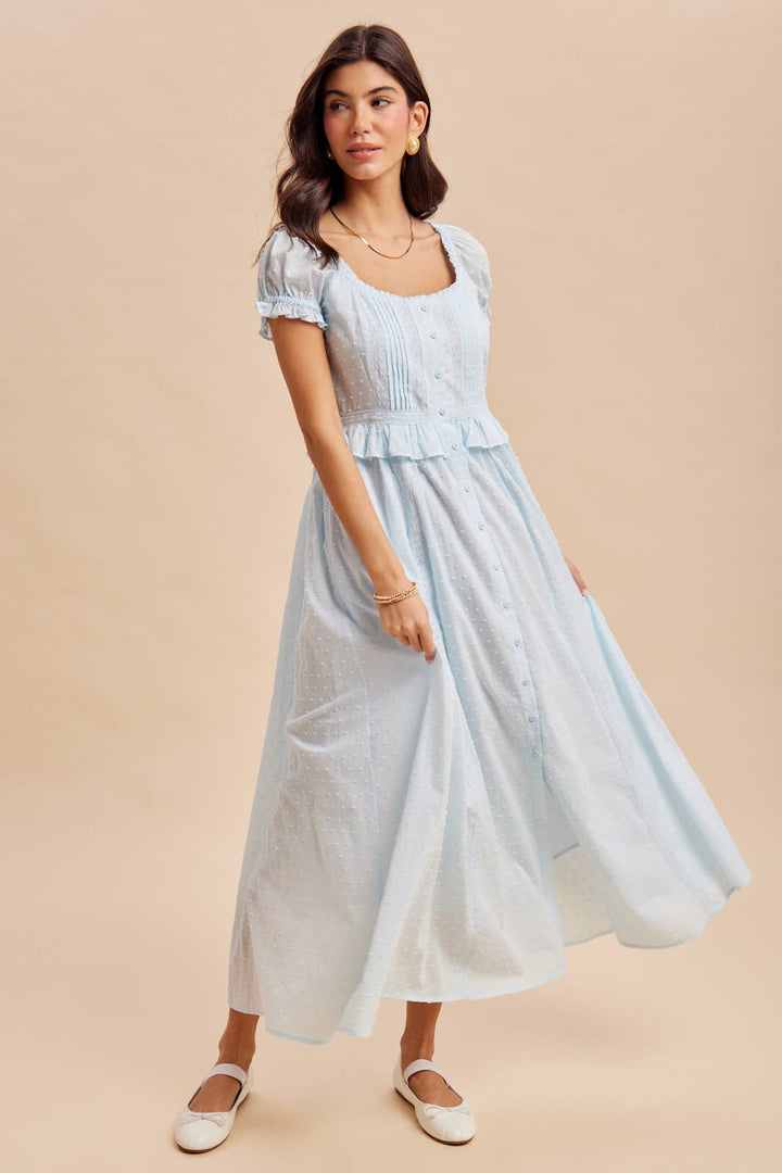 Swiss Dot Pintuck Maxi Dress in Blue