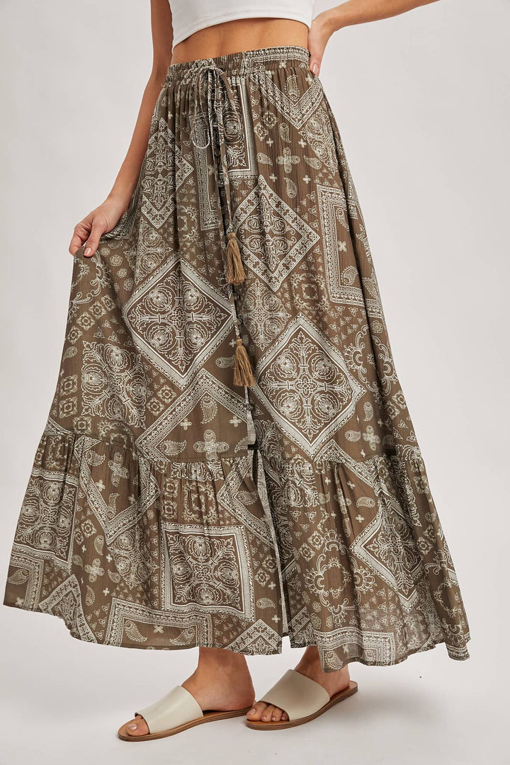 Mocha boho tiered button down maxi skirt – front view