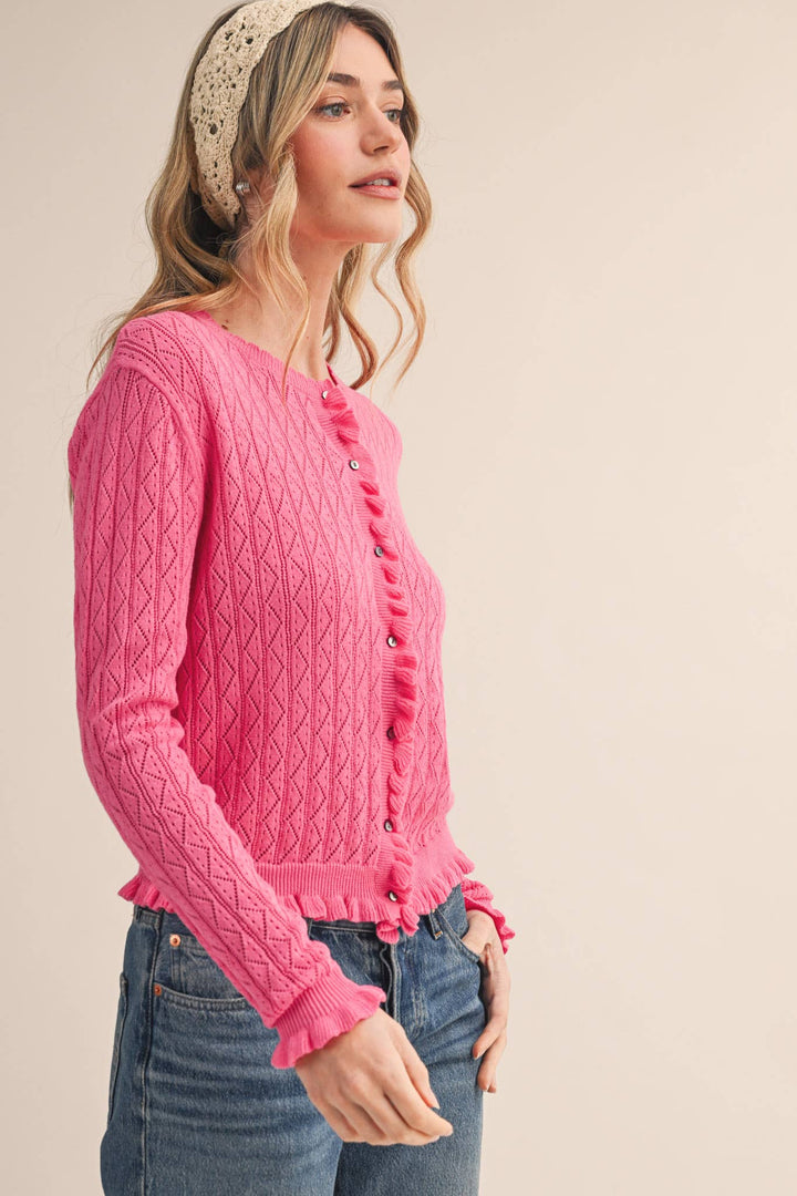 Ruffled Edge Pointelle Knit Sweater Cardigan in Berry