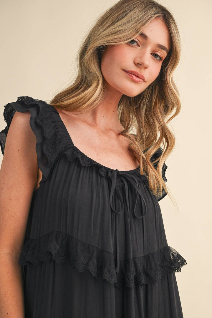 Tiered Lace Trim Flowy Maxi Dress in Black