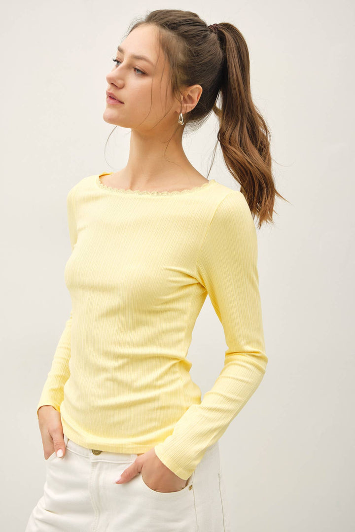 Lace Trim Ribbed Boat Neck Long Sleeve Top in Banana