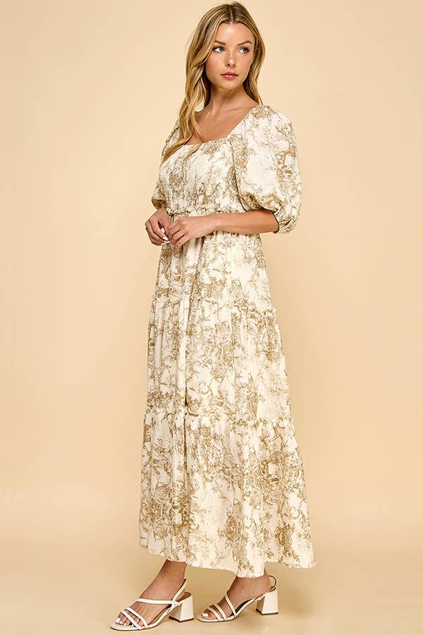 Hattie brown vintage print tiered maxi dress – front/side/back view