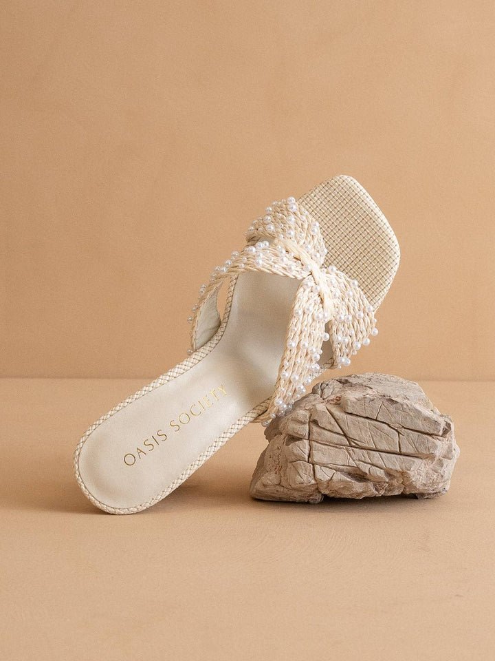 White pearl embroidered raffia block heel – side