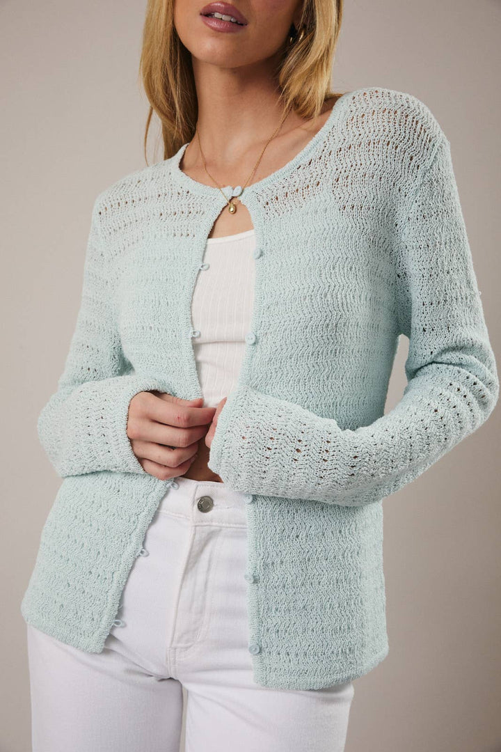 Aqua pointelle knit cardigan – front view