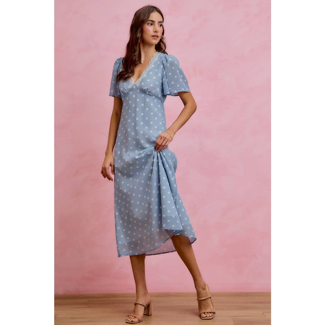 Polka Dot Chiffon Midi Dress in Blue - Available June 26