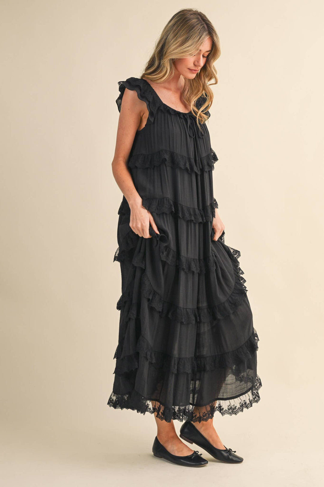 Tiered Lace Trim Flowy Maxi Dress in Black