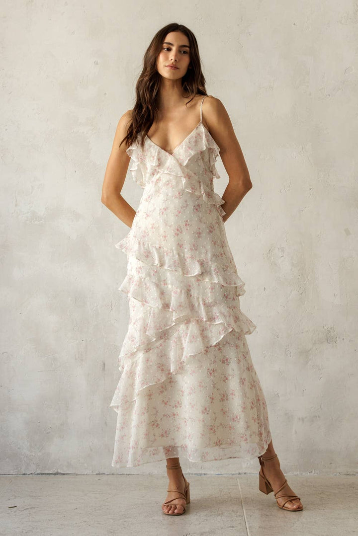 Floral Ruffled Tiered Dress in Ivory/Pink Floral