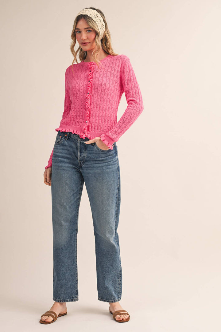 Ruffled Edge Pointelle Knit Sweater Cardigan in Berry