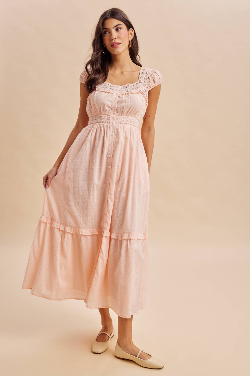 Cotton Swiss Dot Button Down Maxi Dress in Pink