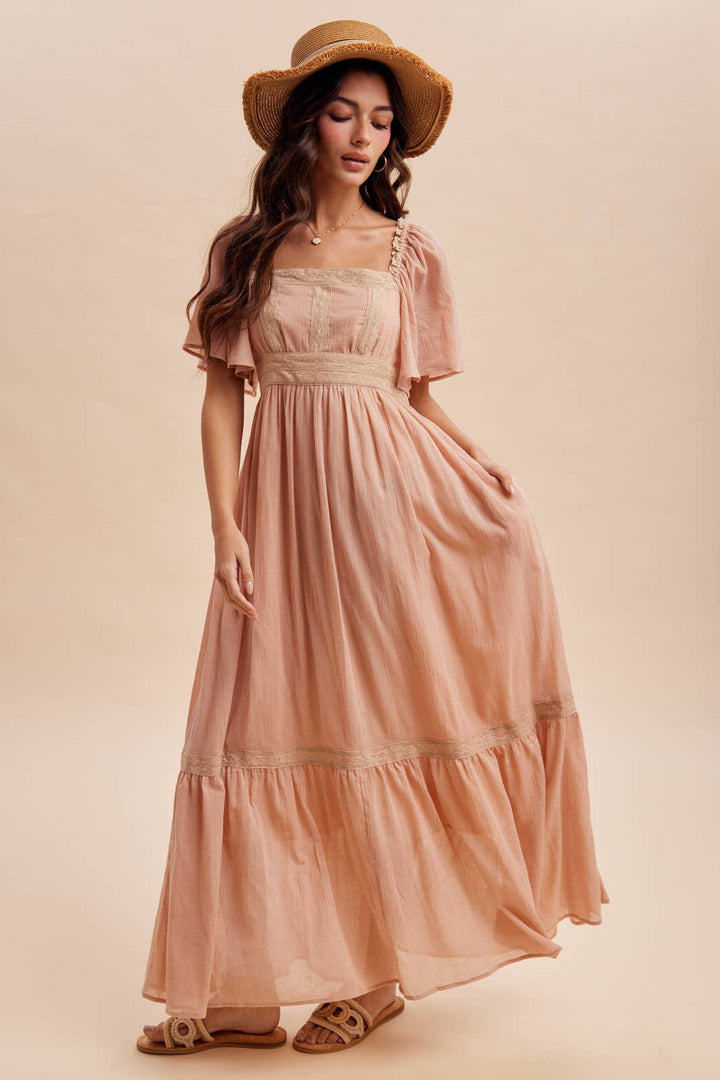 Dusty pink flutter sleeve maxi dress – front view