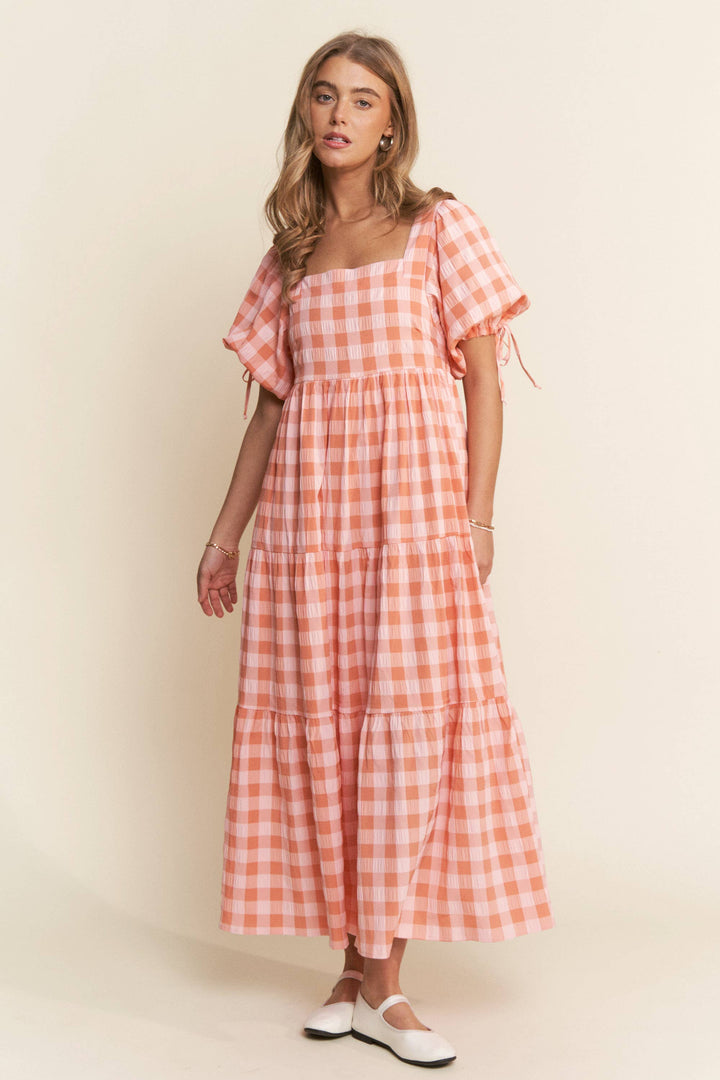 The Meadow Gingham Tiered Maxi Dress in Coral - Available June 5