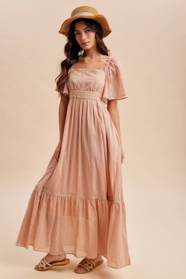 Dusty pink flutter sleeve maxi dress – front view