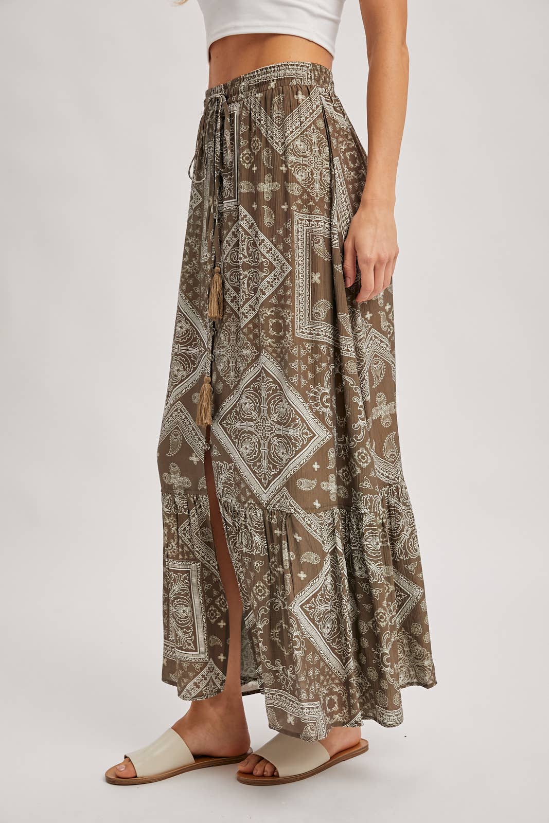 Mocha boho tiered button down maxi skirt – front view