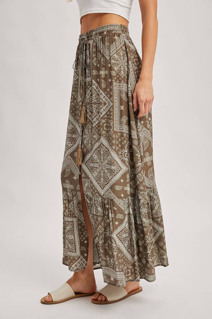 Mocha boho tiered button down maxi skirt – front view