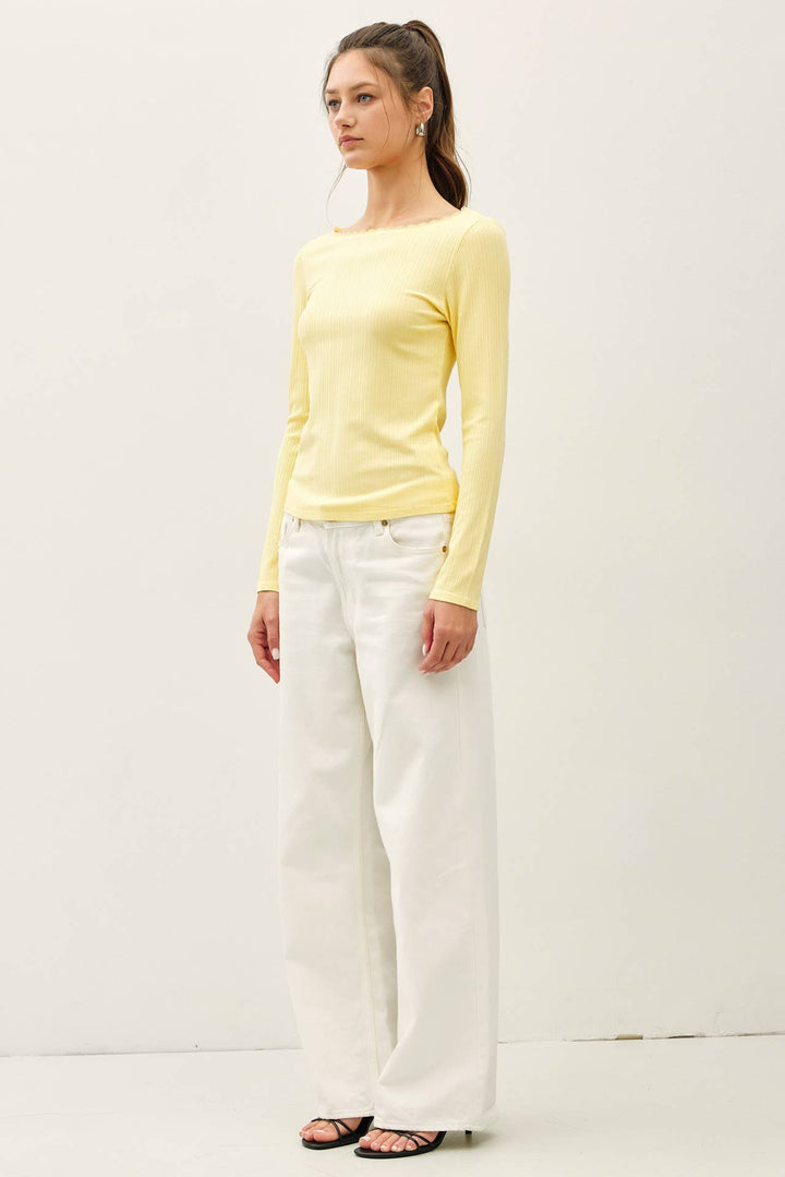 Lace Trim Ribbed Boat Neck Long Sleeve Top in Banana