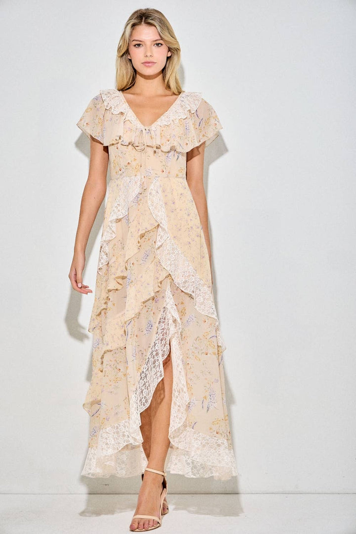 Floral Ruffle Tiered Maxi Dress in Light Yellow Multi