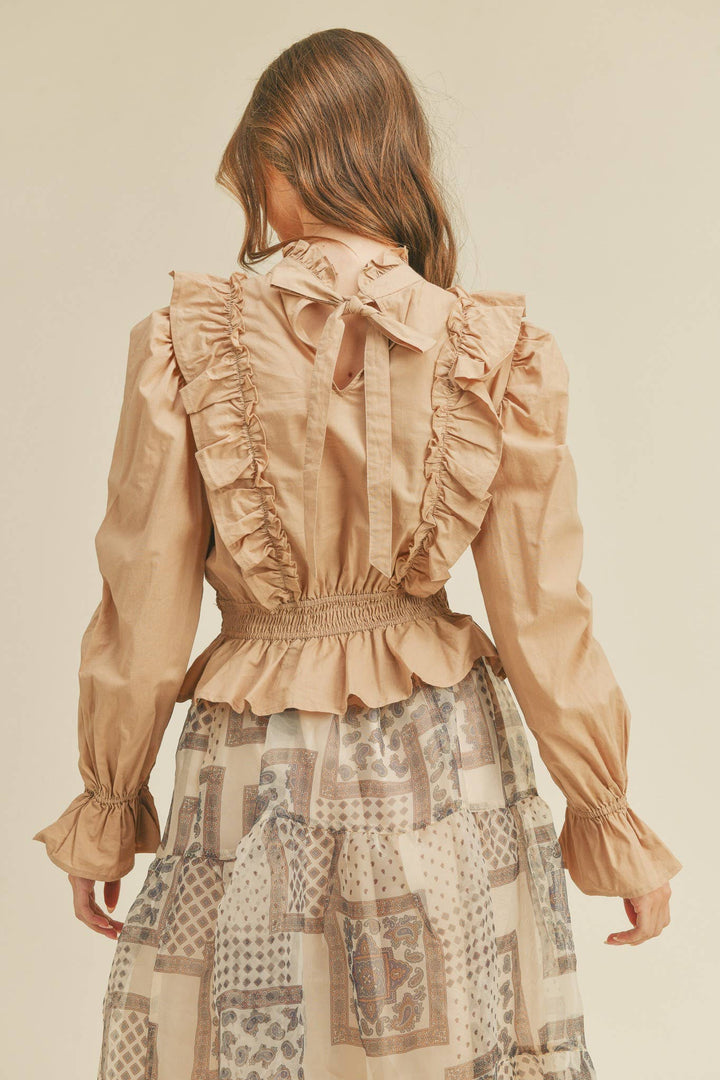 Ruffled High Neck Blouse in Beige