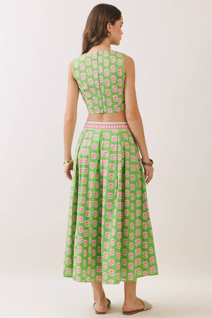 Floral Print Midi Skirt with Contrast Trim