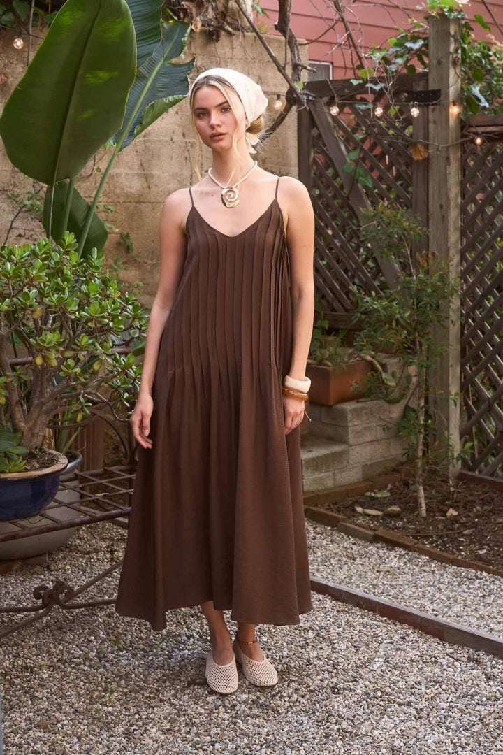 Pleated Pintuck Spaghetti Strap Maxi Dress in Brown