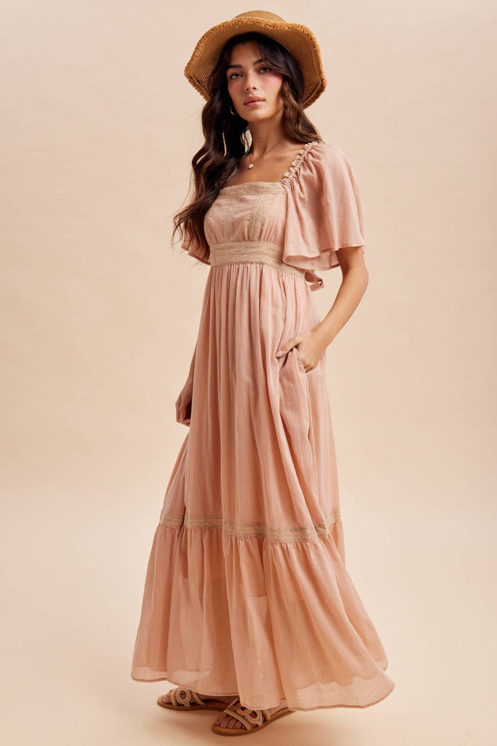 Dusty pink flutter sleeve maxi dress – front view