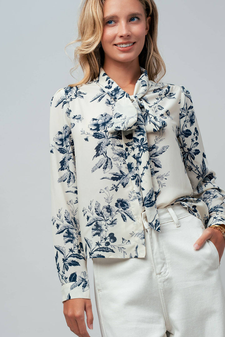 Toile Print Bow Blouse in Ivory & Navy