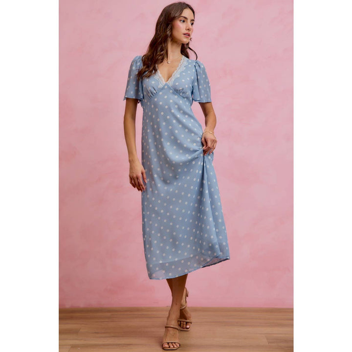 Polka Dot Chiffon Midi Dress in Blue - Available June 26