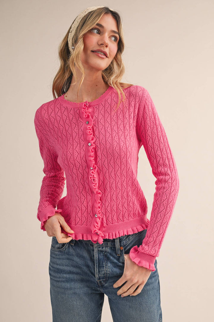 Ruffled Edge Pointelle Knit Sweater Cardigan in Berry