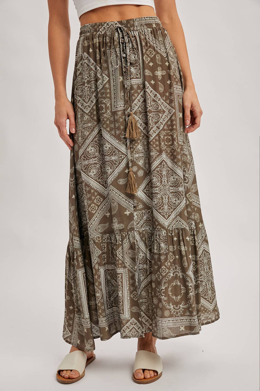 Mocha boho tiered button down maxi skirt – front view