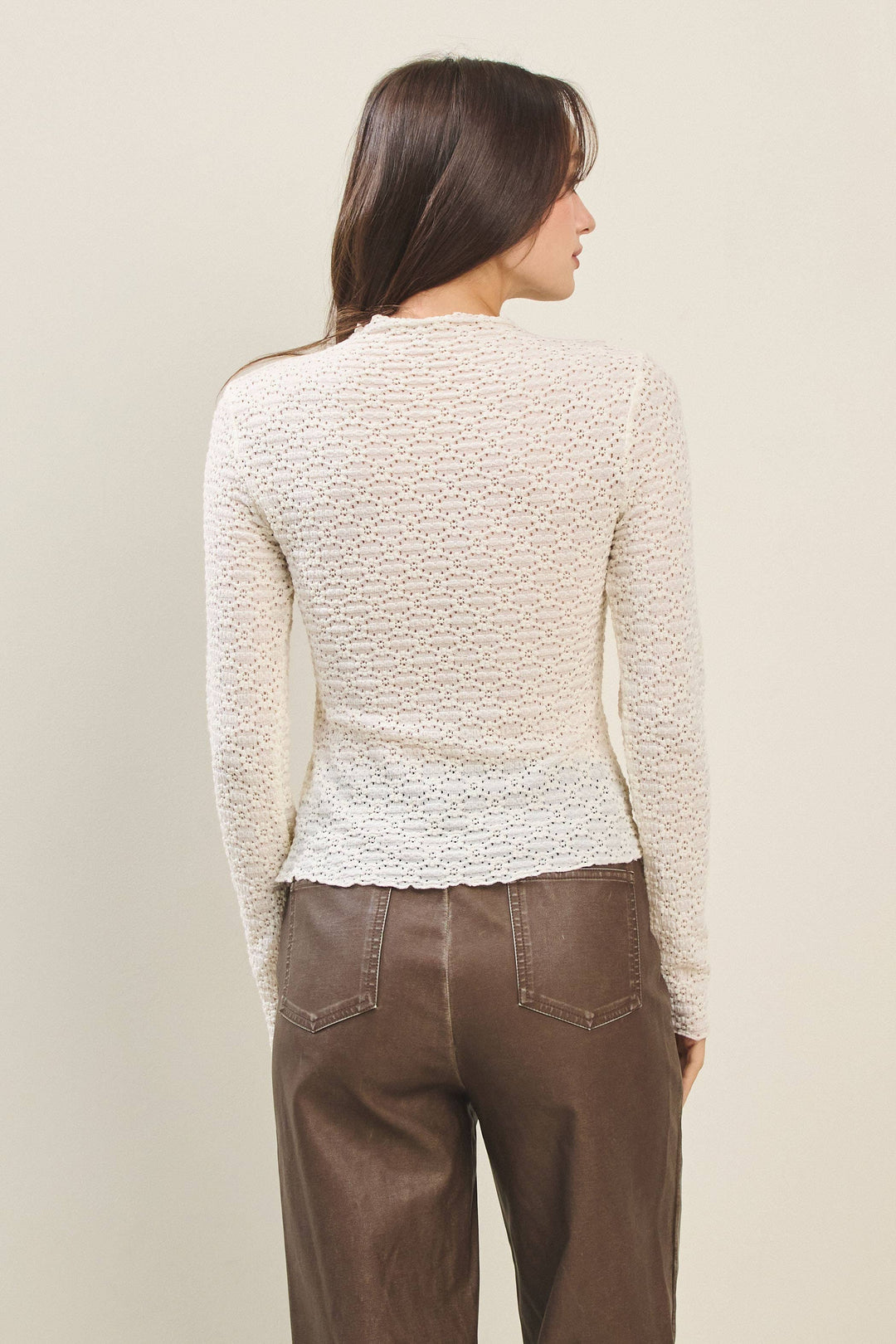 Mock Neck Lace Knit Top in Cream
