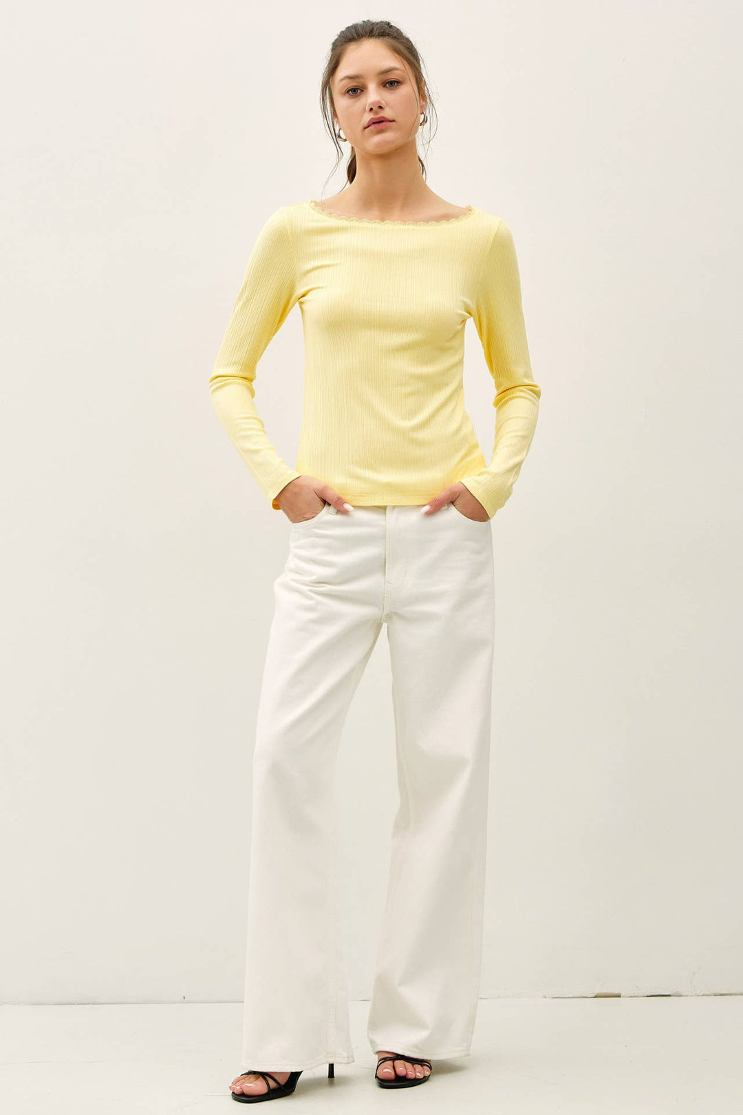 Lace Trim Ribbed Boat Neck Long Sleeve Top in Banana