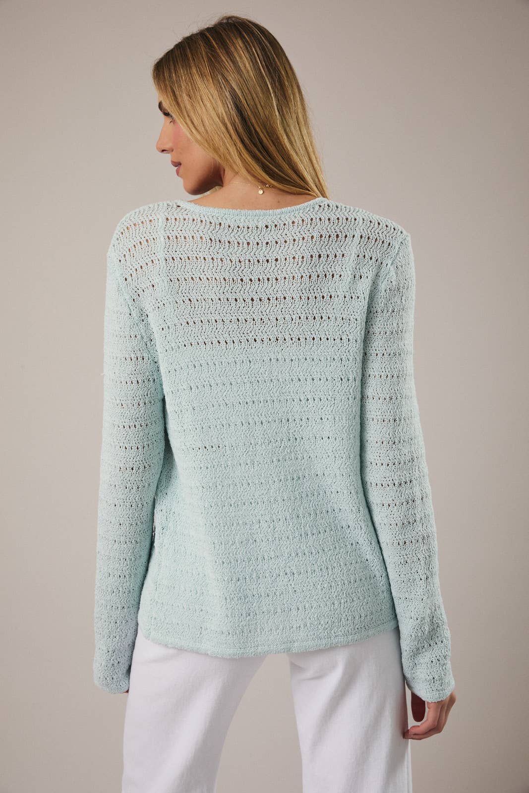 Aqua pointelle knit cardigan – back view
