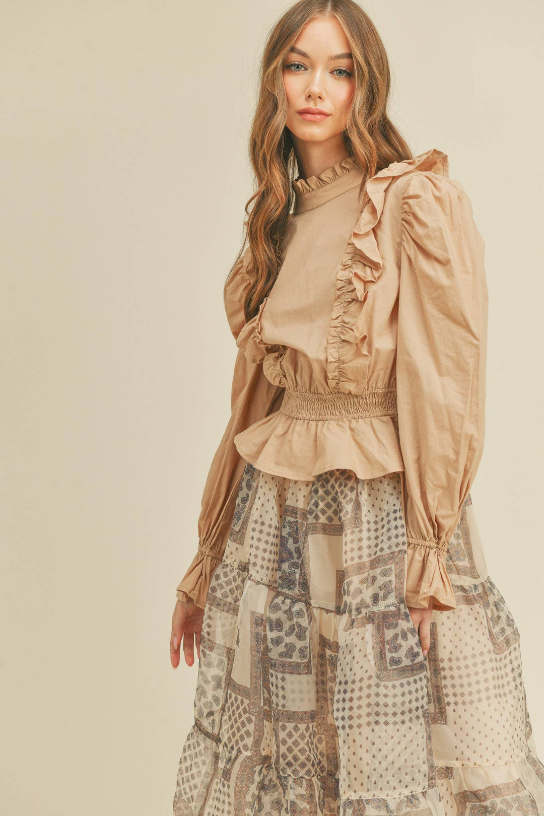 Ruffled High Neck Blouse in Beige