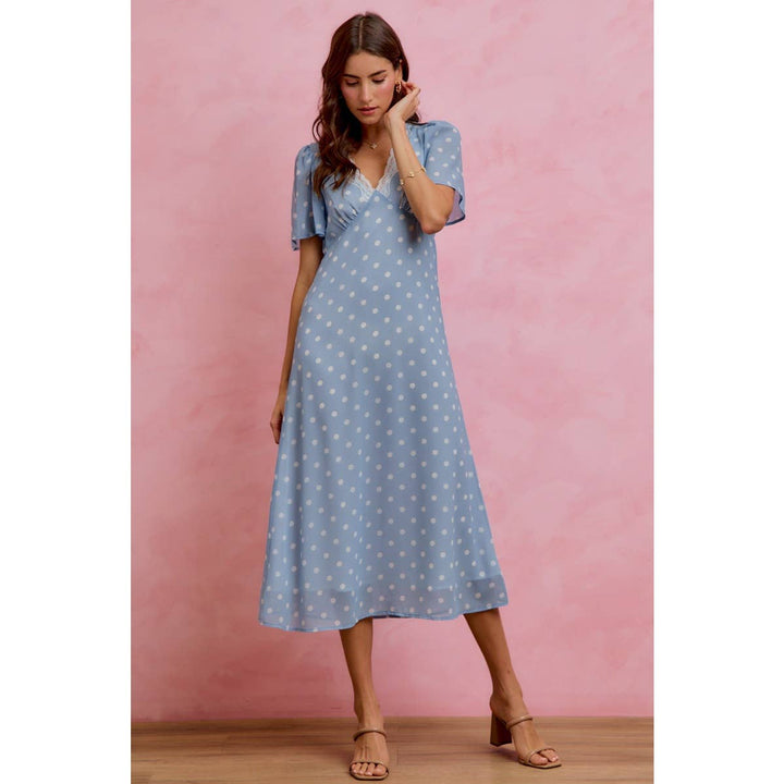 Polka Dot Chiffon Midi Dress in Blue - Available June 26