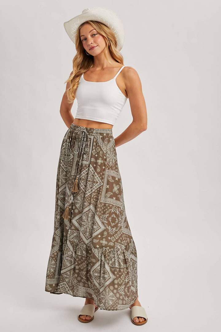 Mocha boho tiered button down maxi skirt – front view