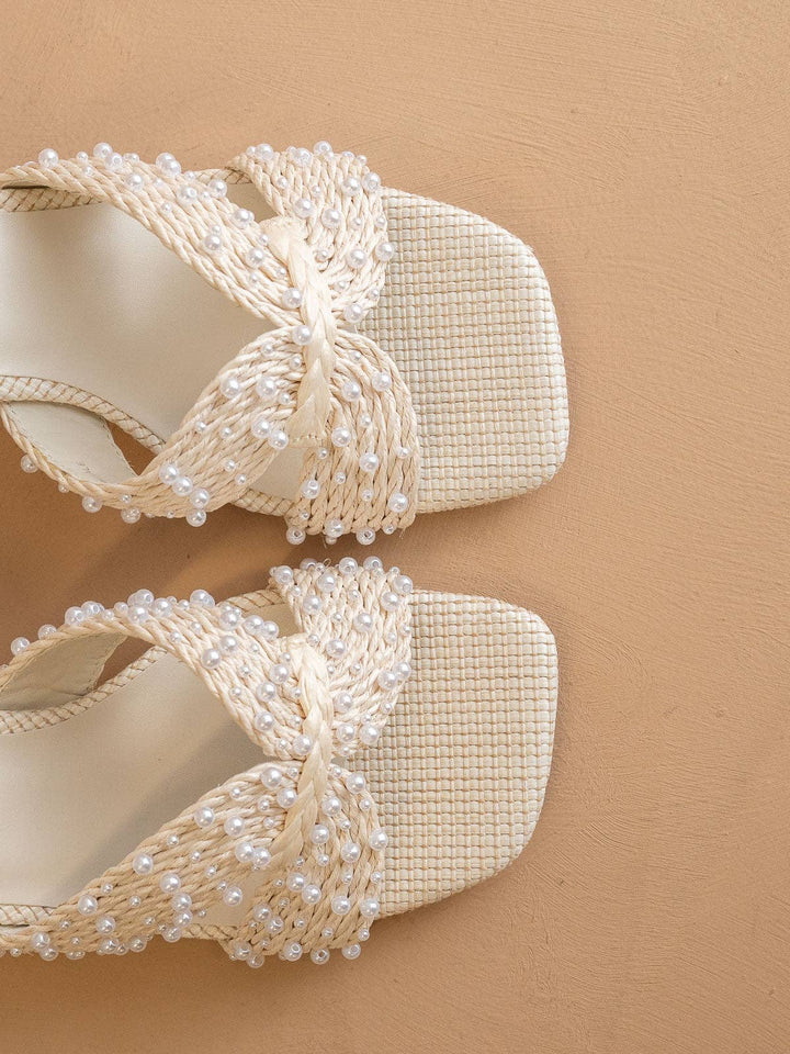 White pearl embroidered raffia block heel – front view close up