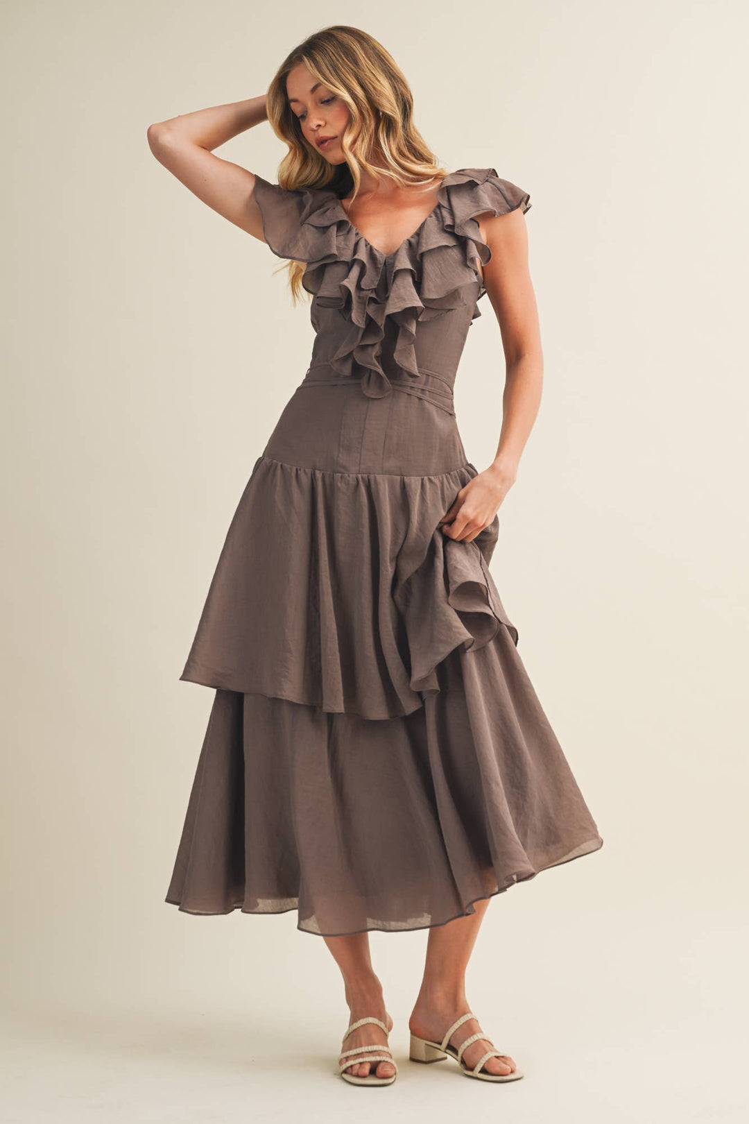 Ruffled Tiered Dress in Chocolate - Available June 24