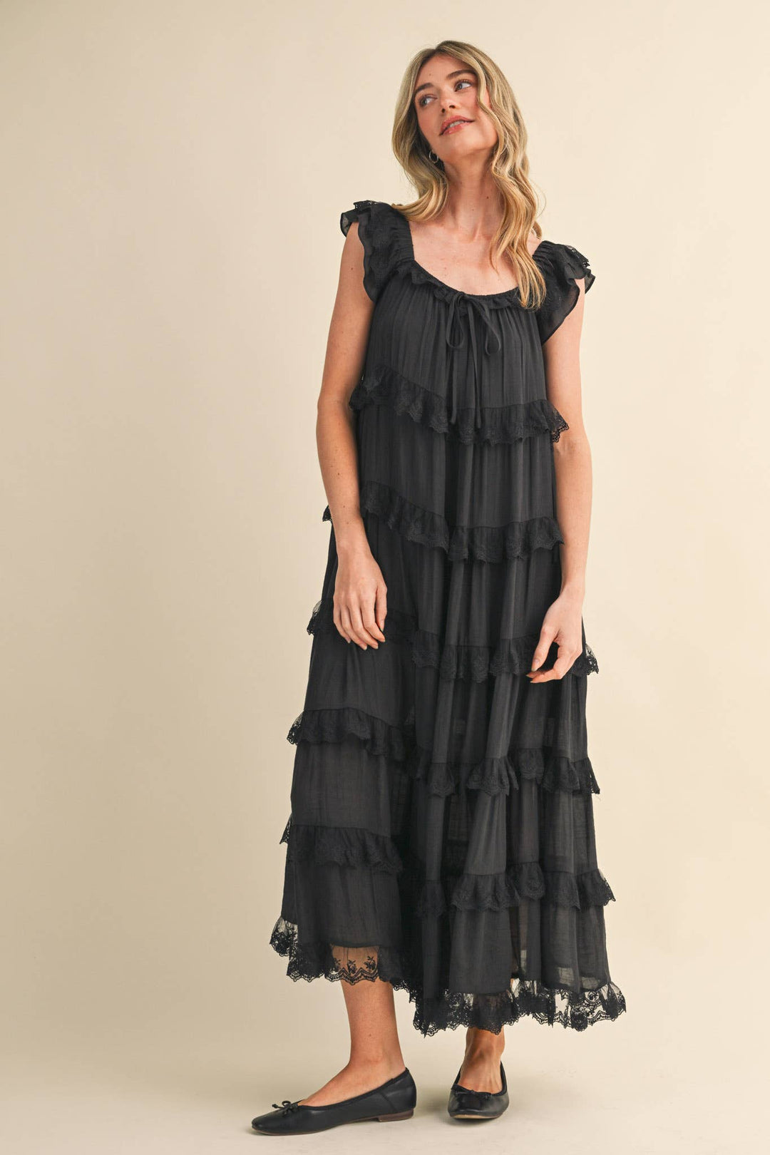 Tiered Lace Trim Flowy Maxi Dress in Black