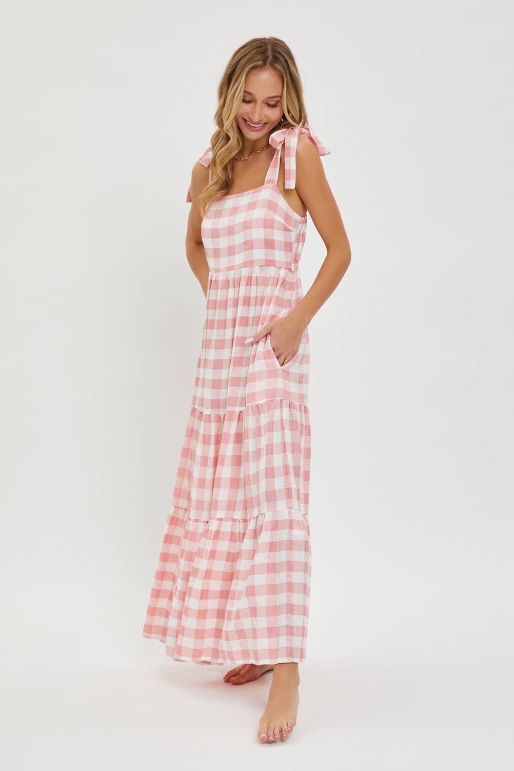 Gingham Tiered Maxi Dress in Pink