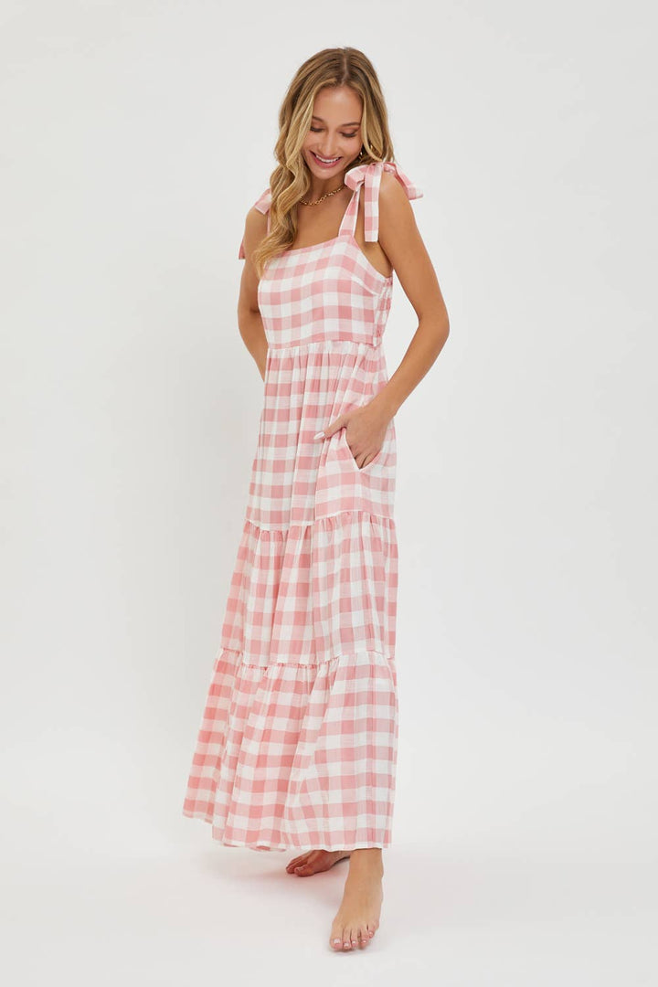Gingham Tiered Maxi Dress in Pink