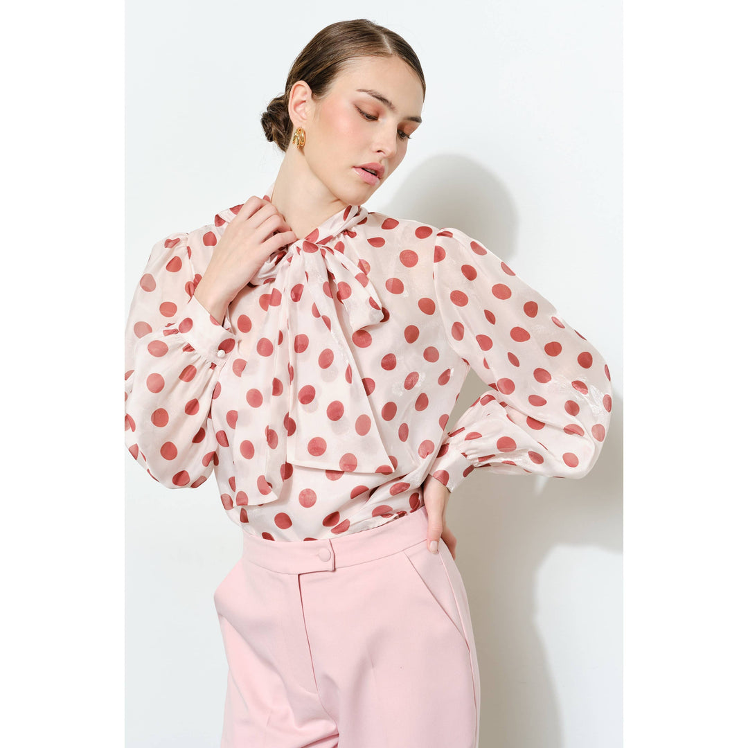 Polka Dot Sheer Bow-Neck Blouse