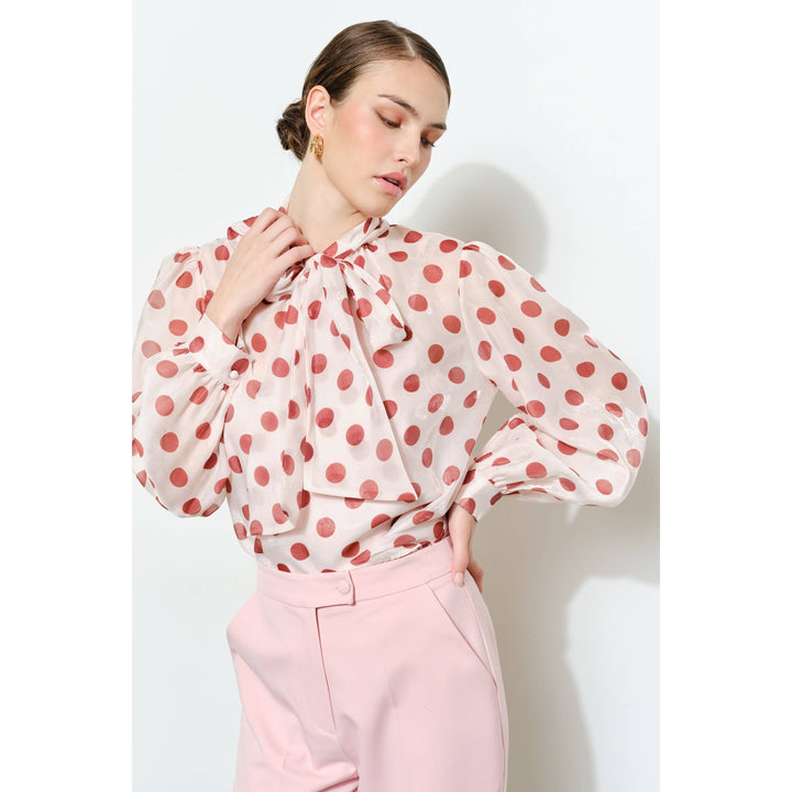 Polka Dot Sheer Bow-Neck Blouse