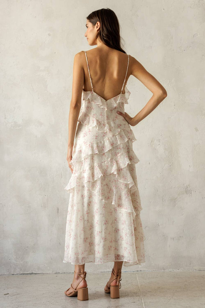 Floral Ruffled Tiered Dress in Ivory/Pink Floral
