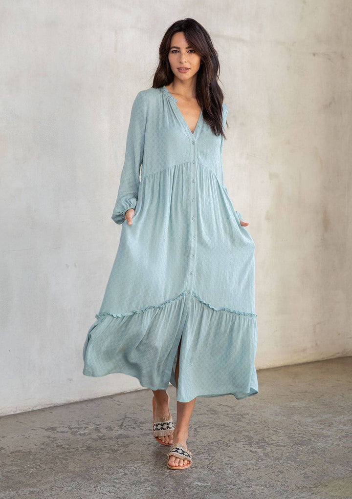 Dusty teal boho long sleeve maxi dress – front view
