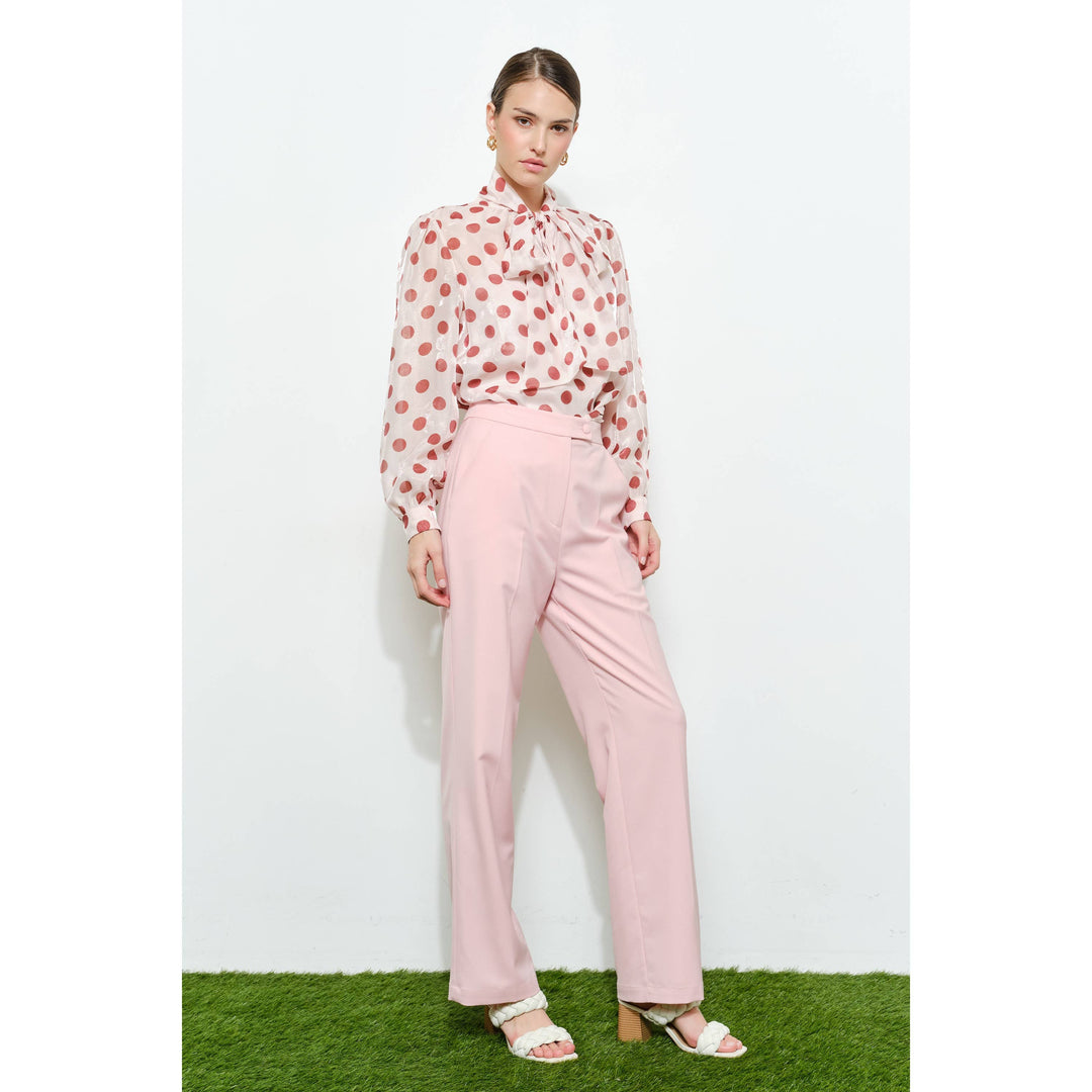 Polka Dot Sheer Bow-Neck Blouse