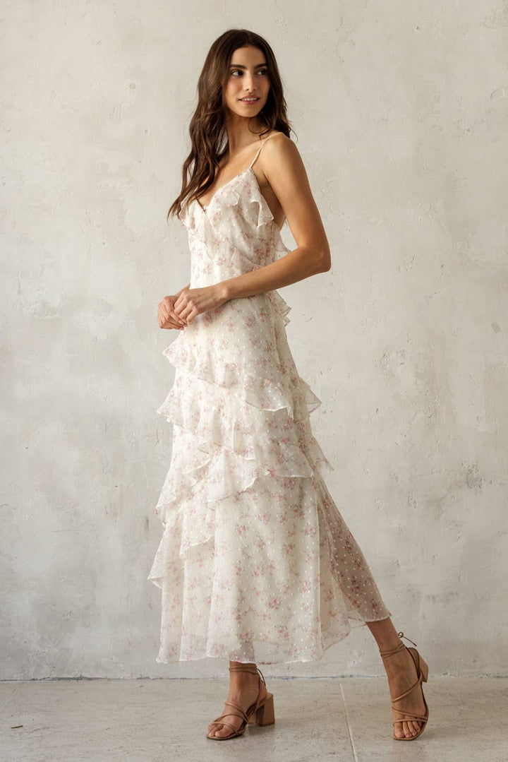 Floral Ruffled Tiered Dress in Ivory/Pink Floral
