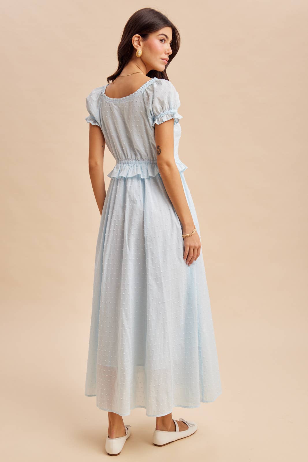 Swiss Dot Pintuck Maxi Dress in Blue