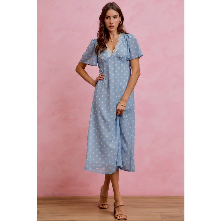 Polka Dot Chiffon Midi Dress in Blue - Available June 26