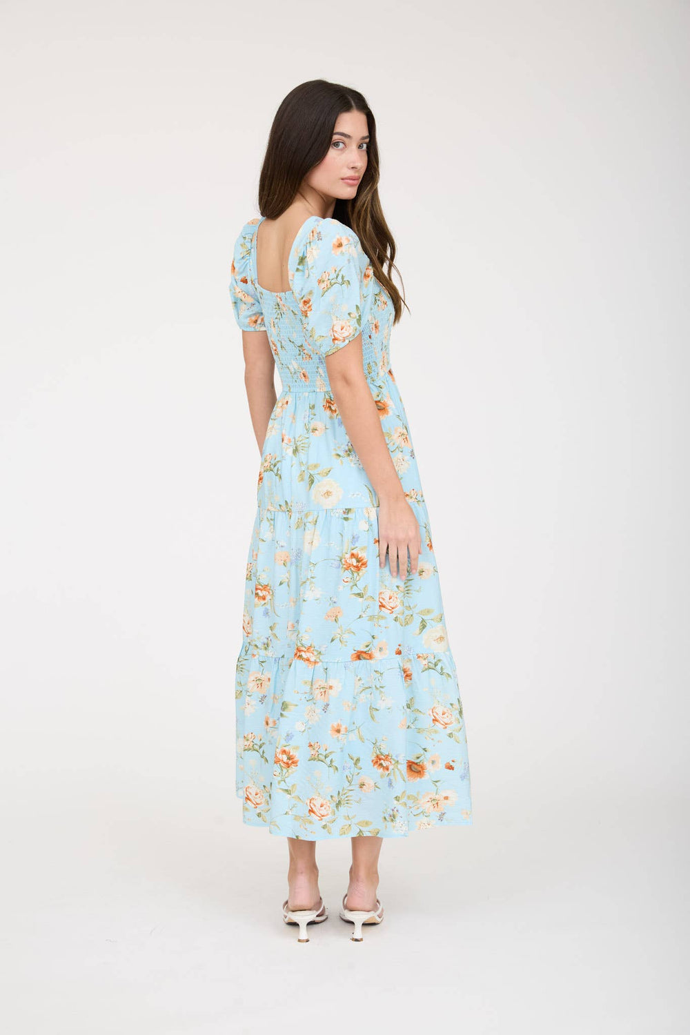 Vintage floral smocked midi dress – back view
